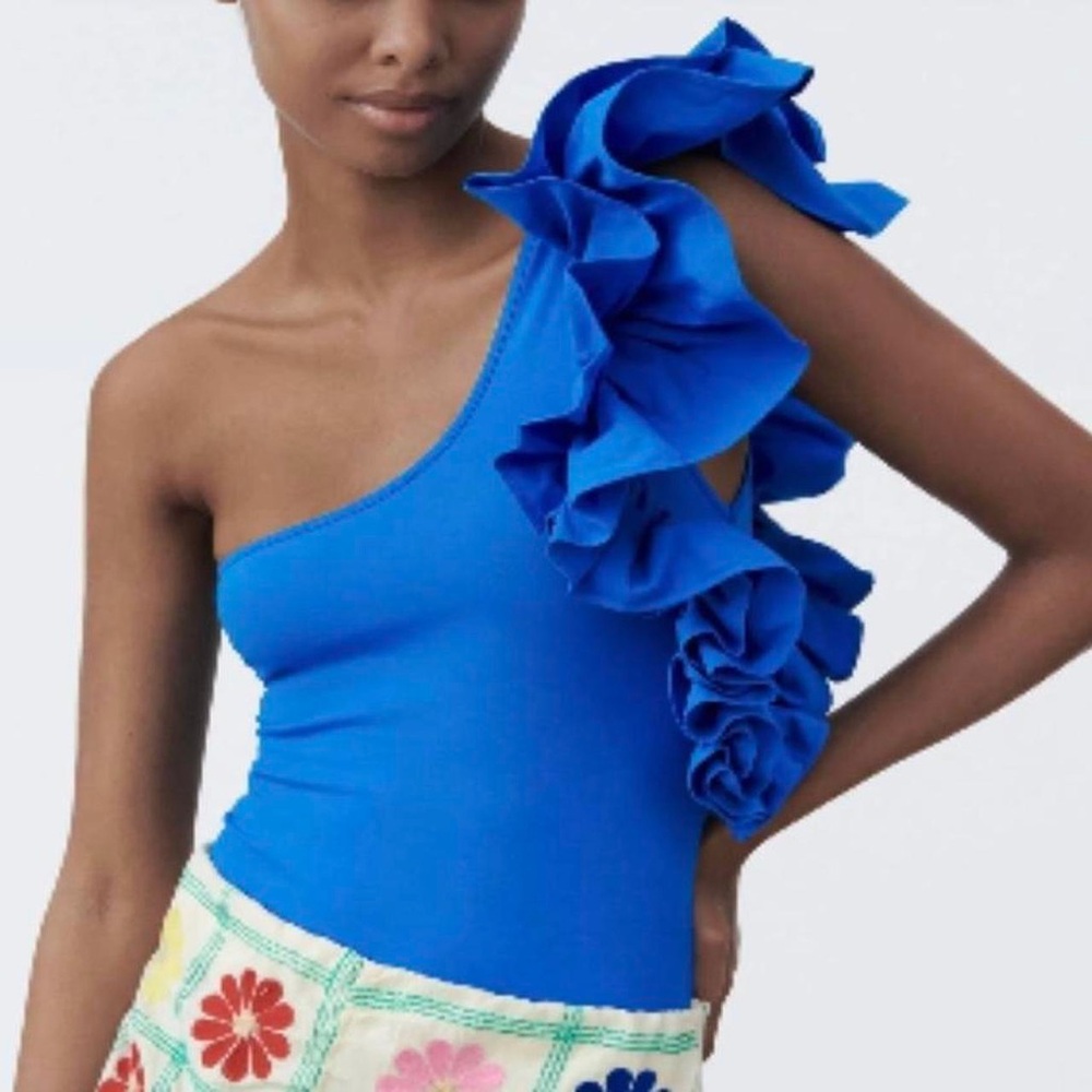 Zara One Shoulder Blue Ruffle Bodysuit